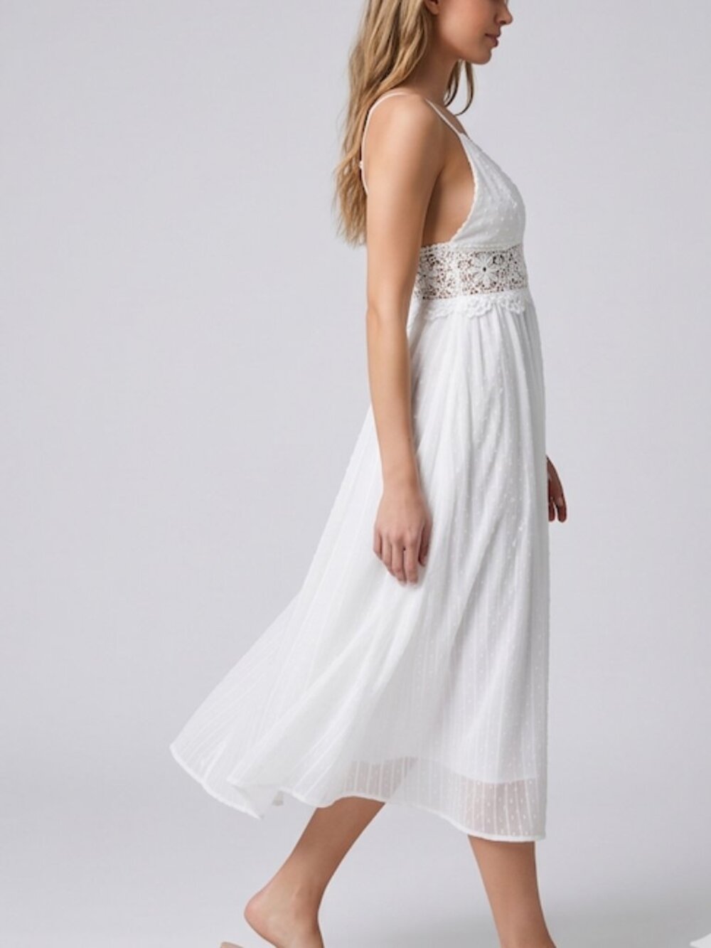 Boho White Swiss Dot Midi Dress with Crochet Lace Waist - Picture 9 of 13